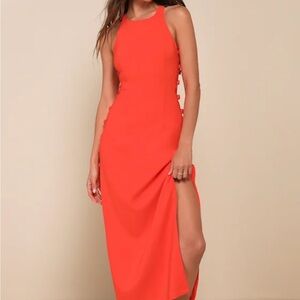 Lulu's Masterfully Mod Bright Orange Side Button Midi Dress